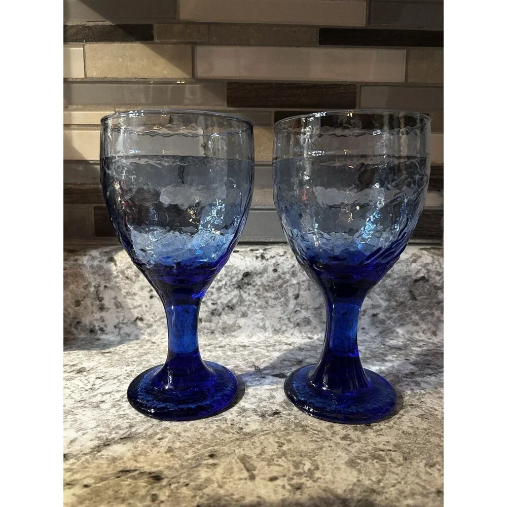 Libbey Glass Co Garden Vine Water Goblets Set Of 2 Cobalt Blue Stemmed Glasses